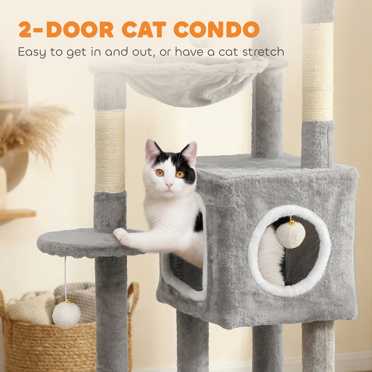 65 Inch Cat Tree with 2 Doors Condos, Plush Top Perch, Hammock, Sisal Scratching Posts, 4 Pompoms, Ramp – view 4