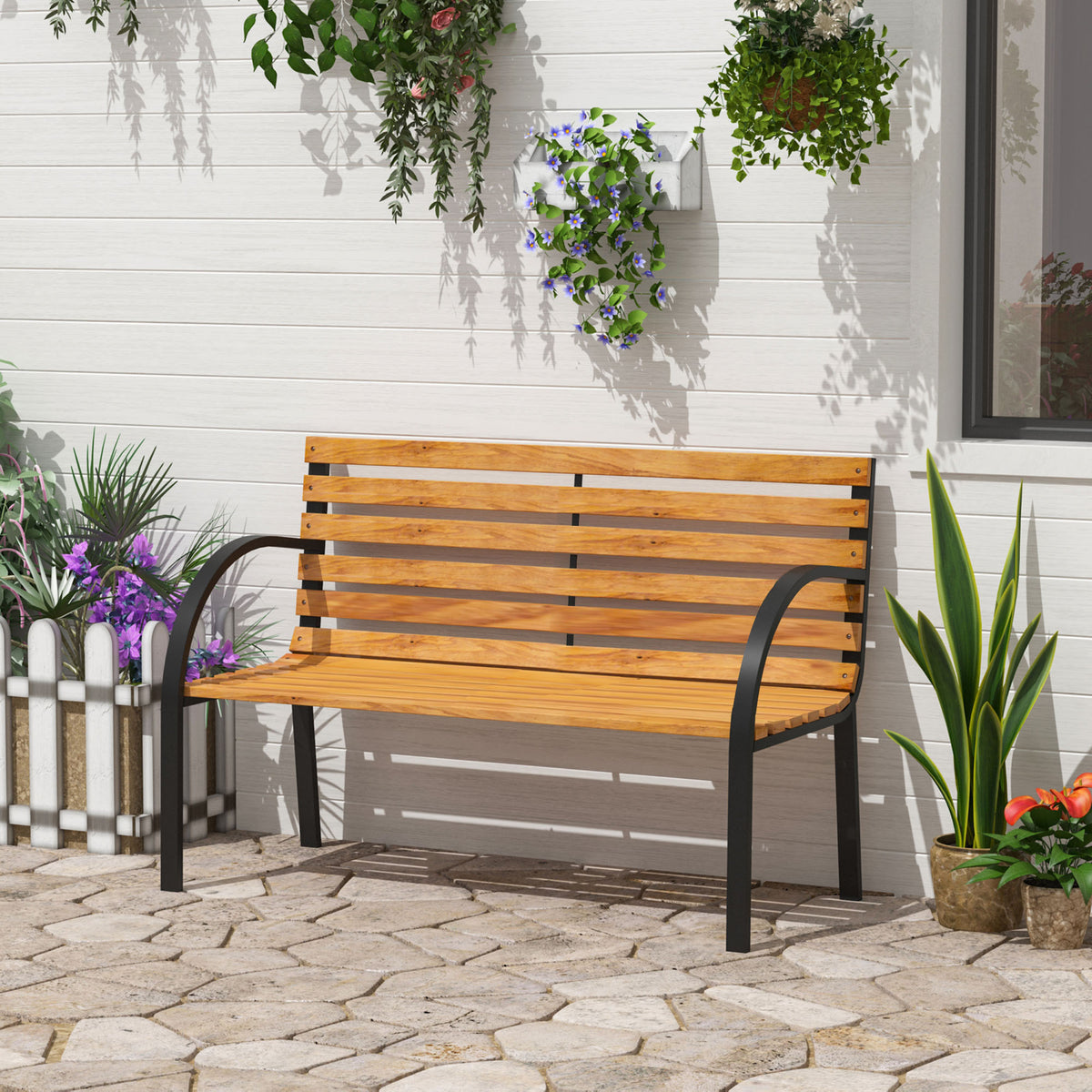 48"L Garden Bench Outdoor Patio 2-Person Wooden Seat Chair Park Loveseat  Yard Furniture w/ Steel Frame