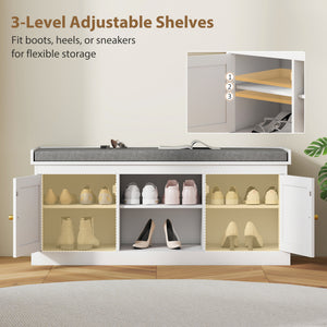 Shoe Bench with Padded Cushion, Boho Entryway Bench with Rattan Doors and Adjustable Shelves, Holds 9 Pairs, White