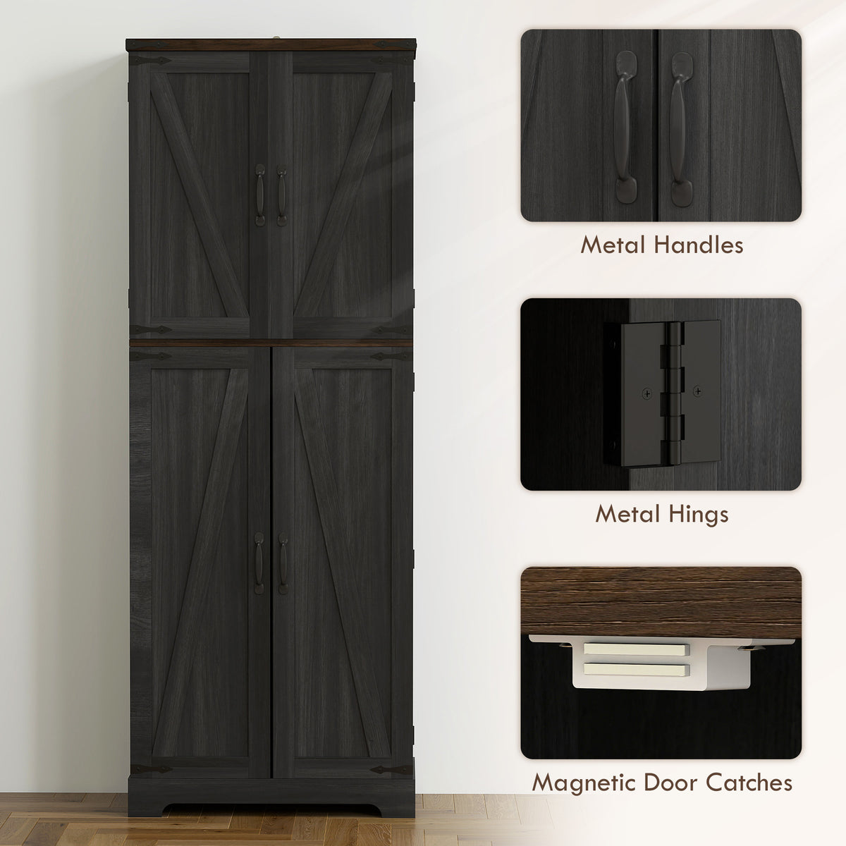 64" Tall Kitchen Pantry Cabinet with Spice Racks and Adjustable Shelves, Black Wood Grain