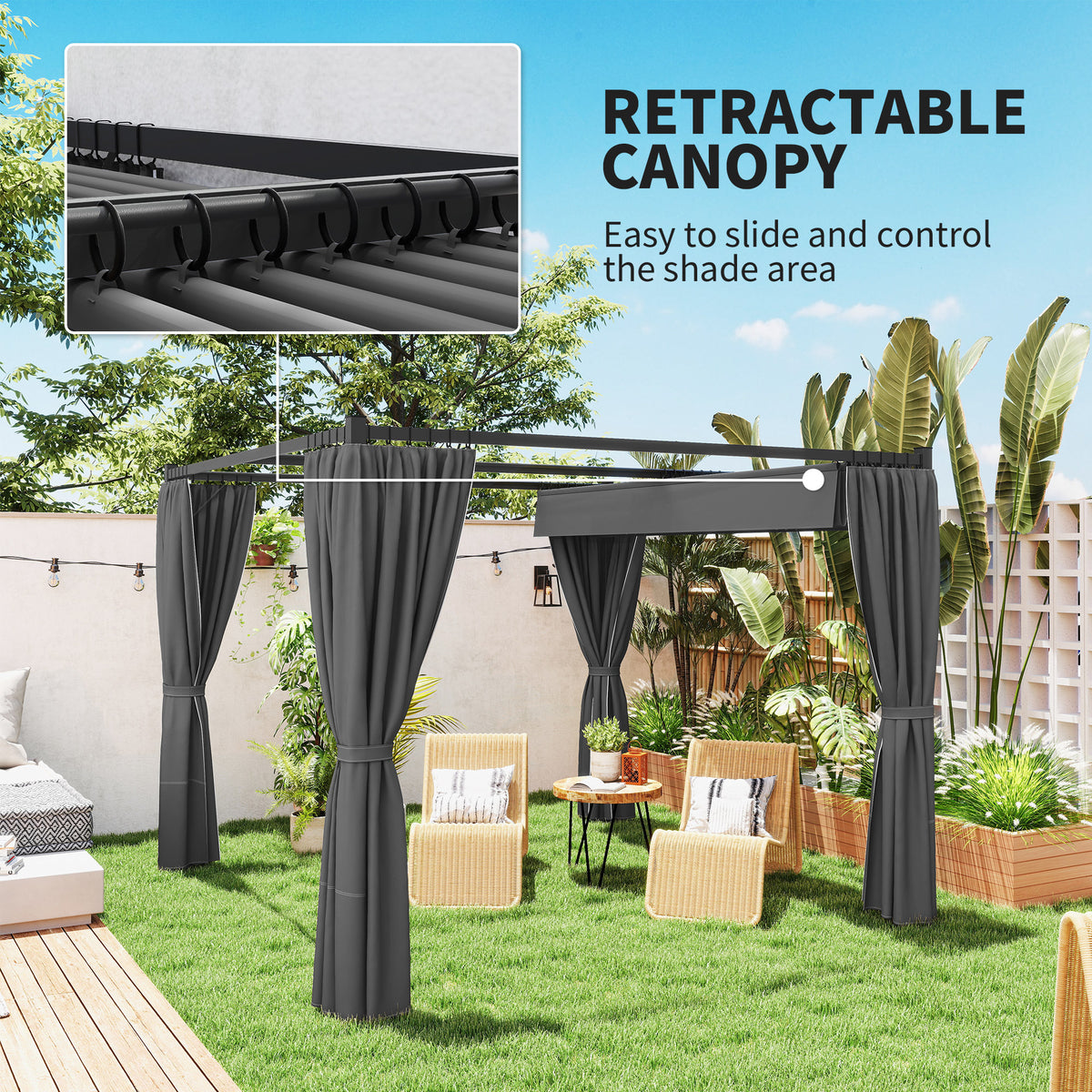 10' x 10' Retractable Pergola Canopy with Sidewalls, Metal Outdoor Gazebo Sun Shade Shelter, Beige – view 10