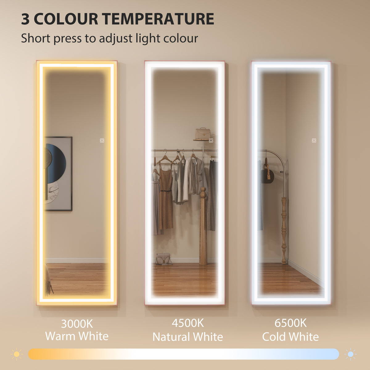LED Mirror with Dimmable and 3 Colour Lights, 64" x 21" Rectangular Floor Mirror for Bedroom Living Room – view 10