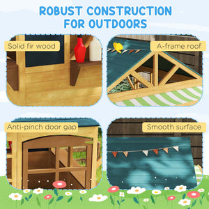 Qaba Wooden Foldable Outdoor Playhouse for Kids Ages 3-8, Snack Bars, Working Door, Rain Covers, Blackboards, Brown