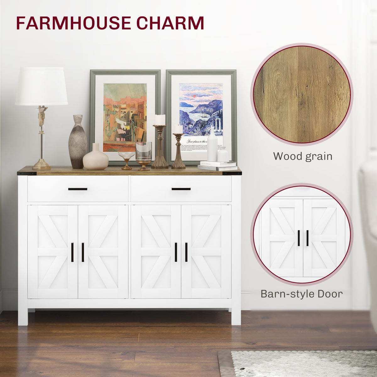 Side Cabinet, Farmhouse Kitchen Storage Cabinet w/ 2 Drawers and Shelves for Living Room, Entryway, Grey – view 17