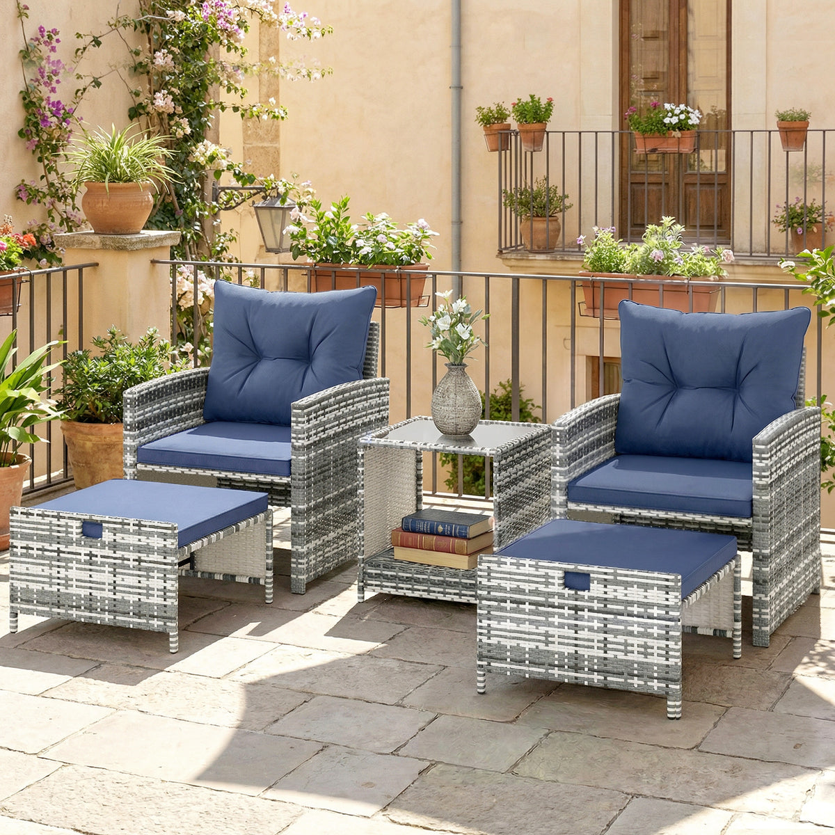 5 Piece Patio Furniture Set, Wicker Patio Chairs with Ottomans, 2-Tier Glass Coffee Table and Cushions – view 21