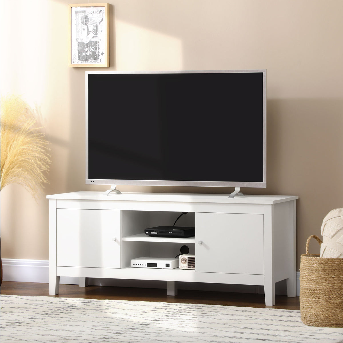 Modern TV Stand for TVs up to 55", TV Bench with Storage Cupboards and Shelves, 47.2" x 16.7" x 19.7", White