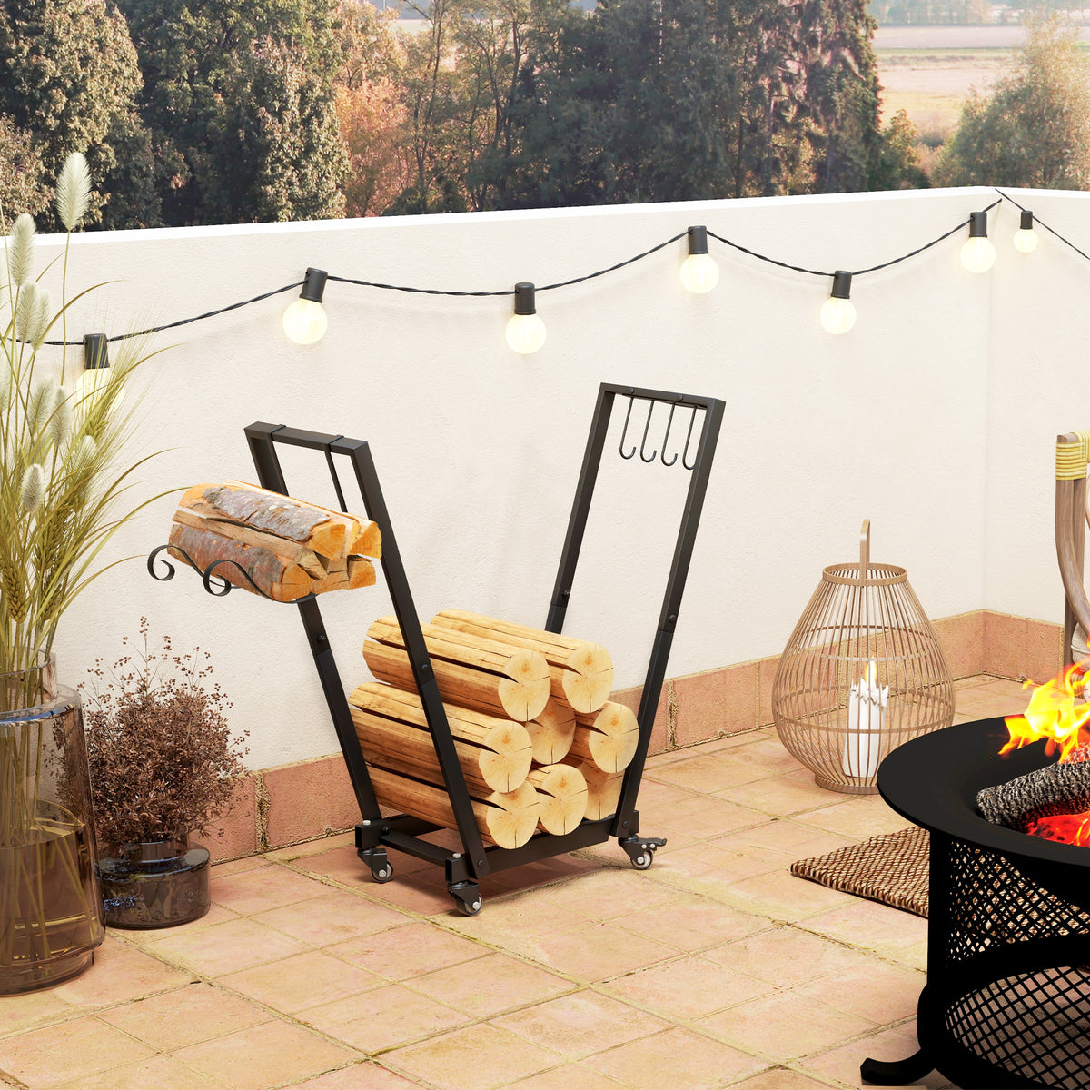 31 Inch Firewood Rack Outdoor, Heavy Duty Log Rack with Swivel Casters, Indoor Fire Wood Holders for Fireplace, Black