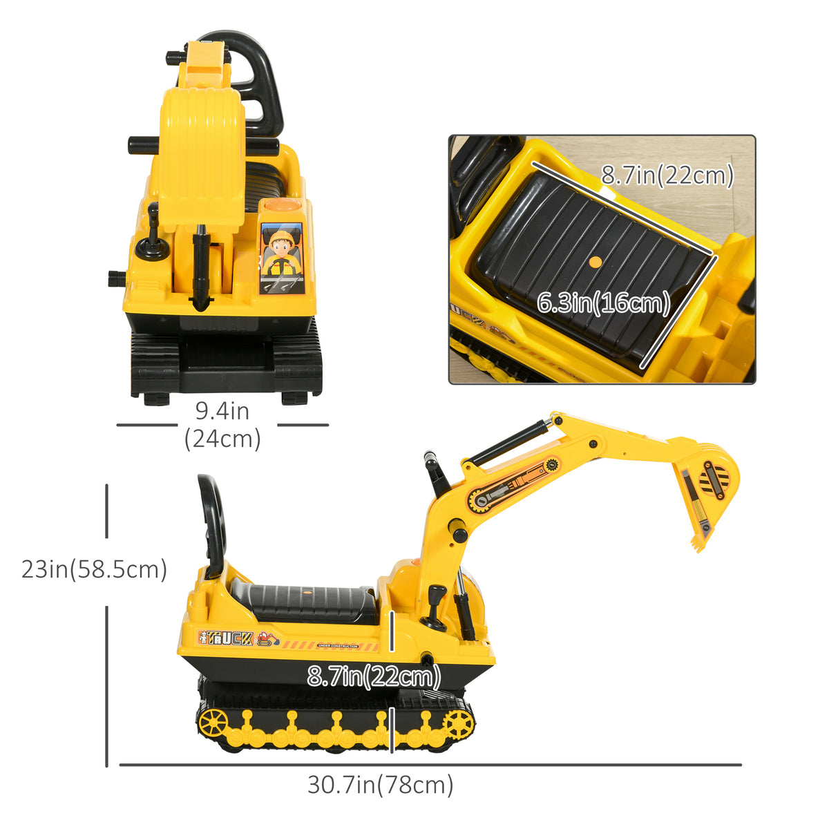 Qaba Kids Ride-on Excavator with Digger, Pretend Play Construction Truck with Under Seat Storage, Realistic Sound, Treaded Wheels, No Power Design
