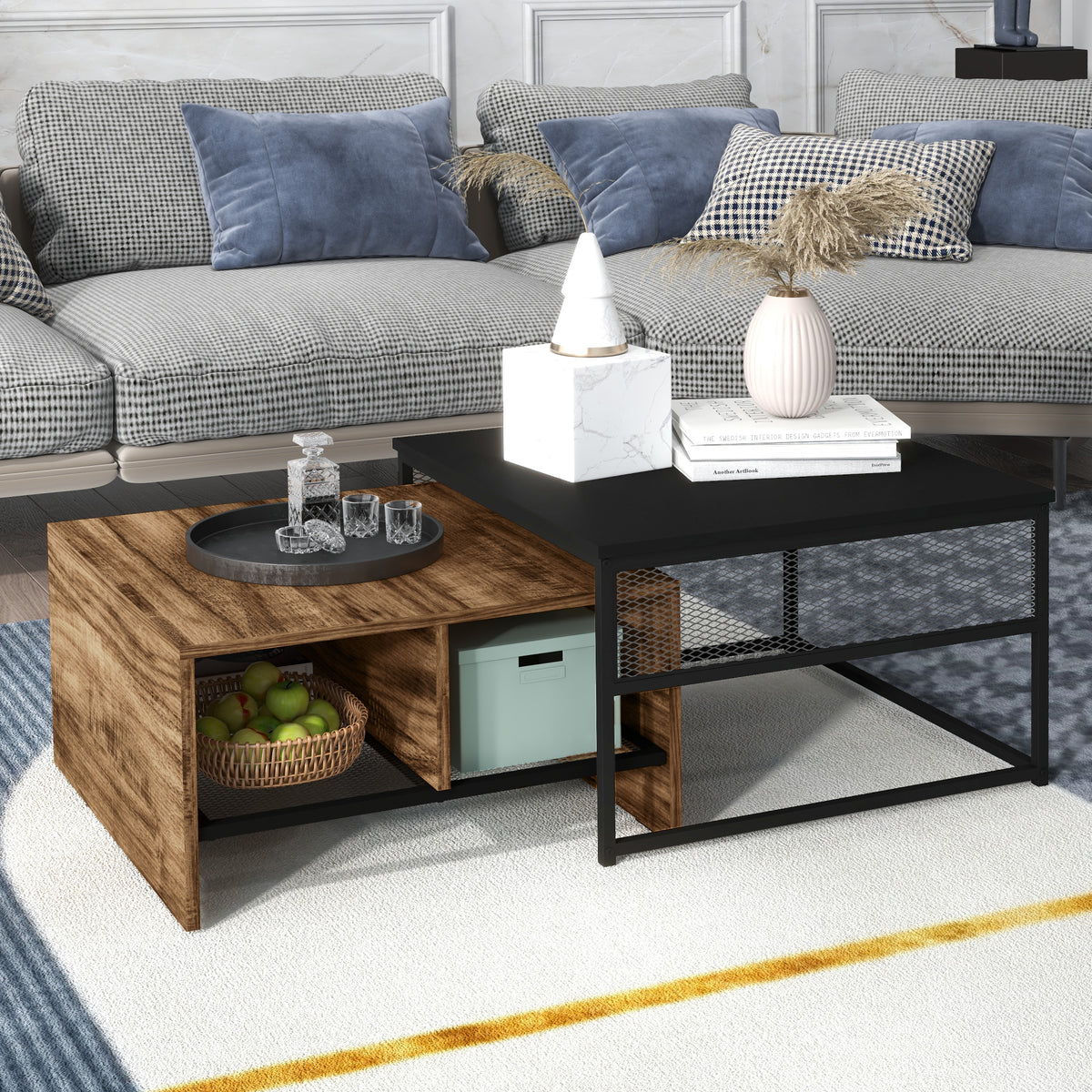 Coffee Table Set of 2, Industrial Nesting Tables, Square Coffee Table and Narrow Sofa Side Table for Living Room