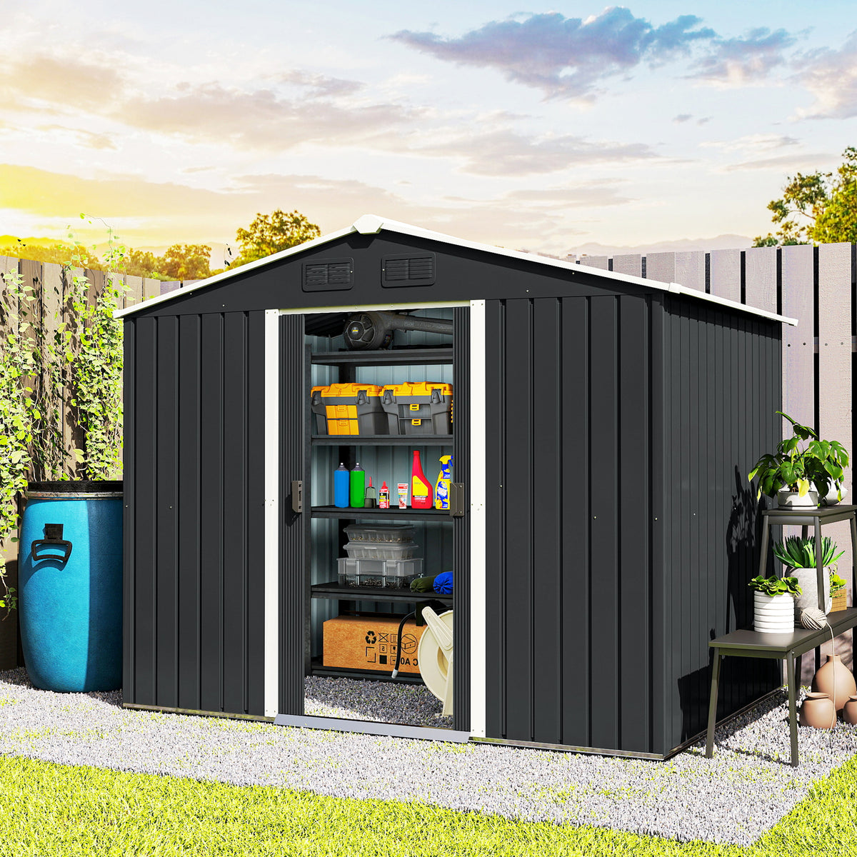 8' x 6' Outdoor Storage Shed, Metal Garden Tool Storage House with Lockable Sliding Doors and Vents for – view 7