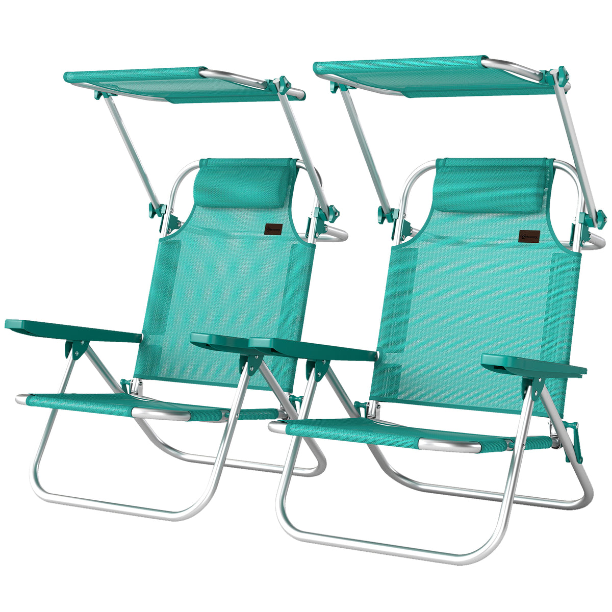 2 Piece Folding Beach Chairs with Adjustable Canopy, 6-Position Reclining Lounge Chair with Headrest, Turquoise