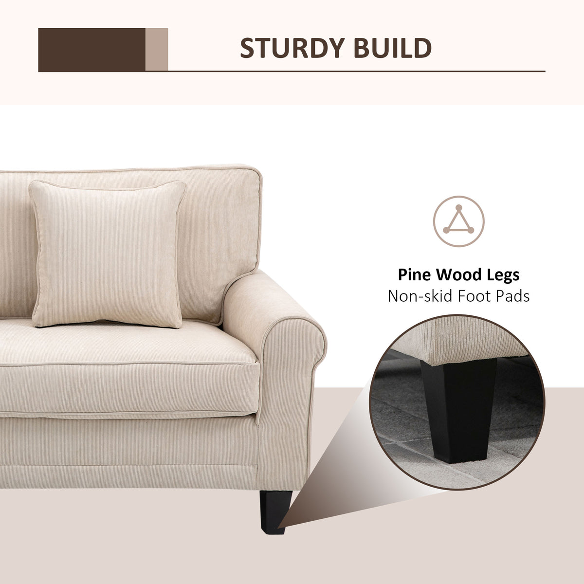 Modern 3 Seater Sofa, Corduroy Fabric 3 Seater Couch with Pine Wood Legs and Rolled Armrests for Living – view 4