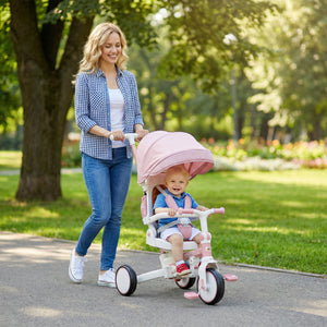 Qaba 7 in 1 Toddler Tricycle with Safety Harness, Adjustable & Removable Parent Handle, Canopy, Storage Bag, Brake, Pink