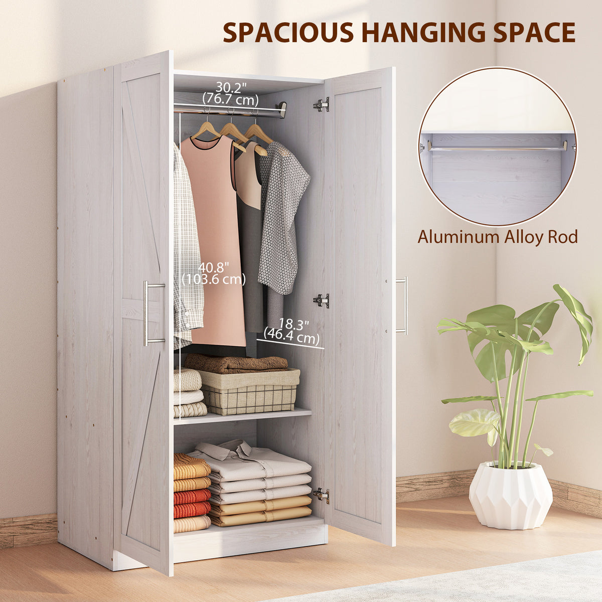 Wardrobe Cabinet with Hanging Rod, Anti-Tipping and 2 Barn Doors, Farmhouse Wardrobe Closet for Bedroom, White Wood Effect