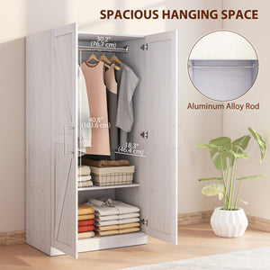 Wardrobe Cabinet with Hanging Rod, Anti-Tipping and 2 Barn Doors, Farmhouse Wardrobe Closet for Bedroom, White Wood Effect