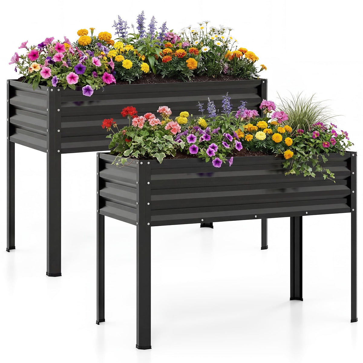 Raised Garden Bed Set of 2 Electro-Coating Metal Large Elevated Planter Box-Black