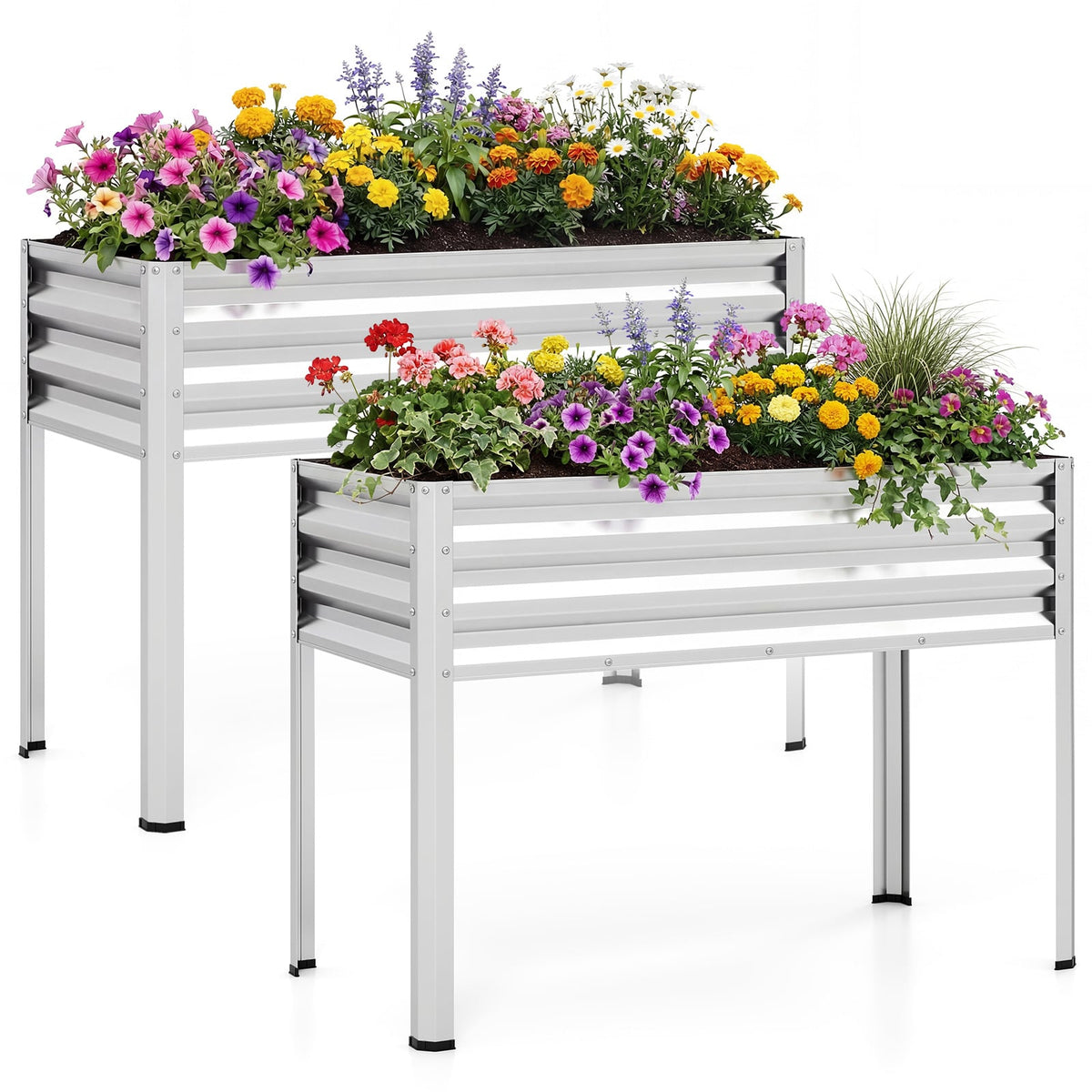 Raised Garden Bed Set of 2 Electro-Coating Metal Large Elevated Planter Box-Silver