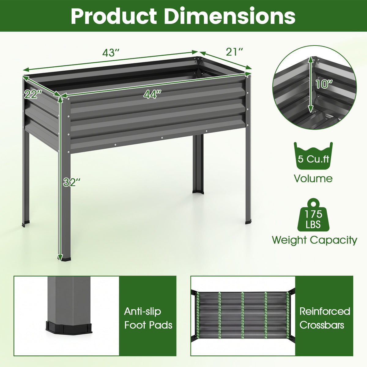 Raised Garden Bed with Legs Electro-Coating Metal Large Elevated Planter Box-Grey view 5