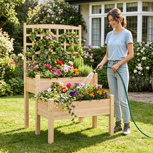 Raised Garden Bed with Trellis 2-Tier for Outdoor Climbing Plants-Natural view 2
