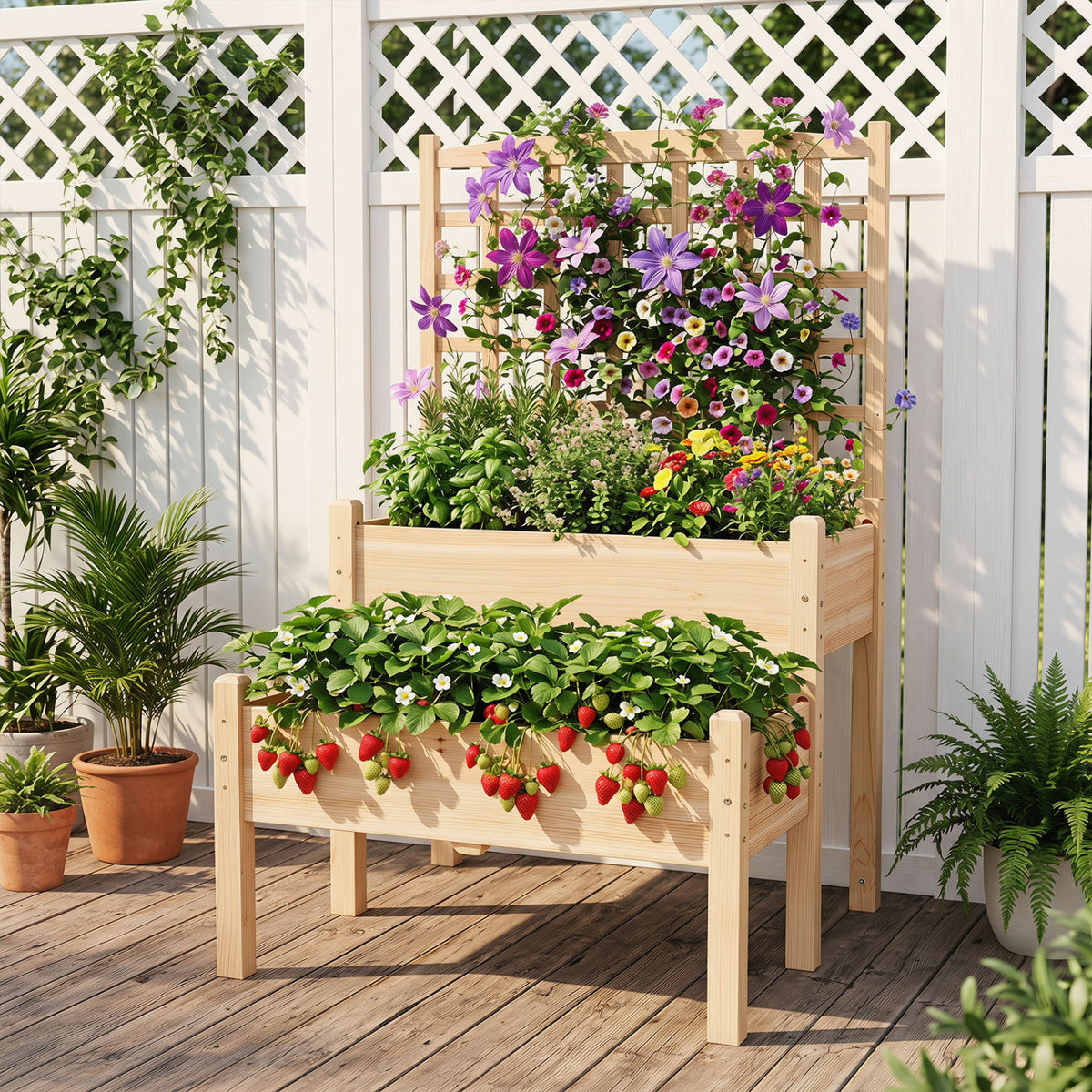Raised Garden Bed with Trellis 2-Tier for Outdoor Climbing Plants-Natural view 3