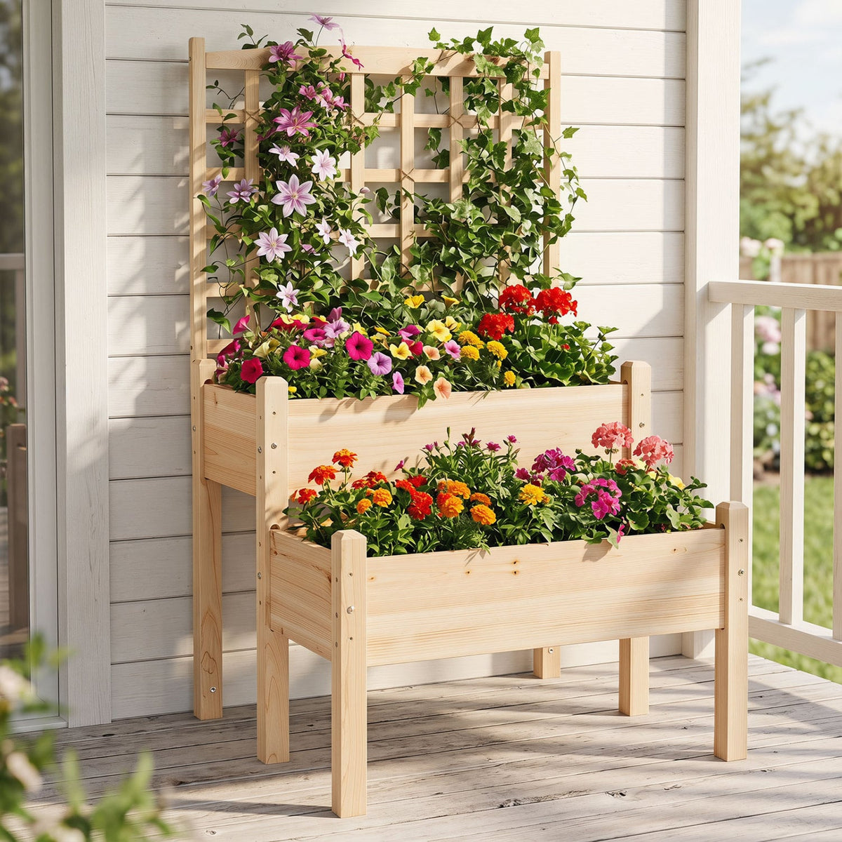 Raised Garden Bed with Trellis 2-Tier for Outdoor Climbing Plants-Natural view 6