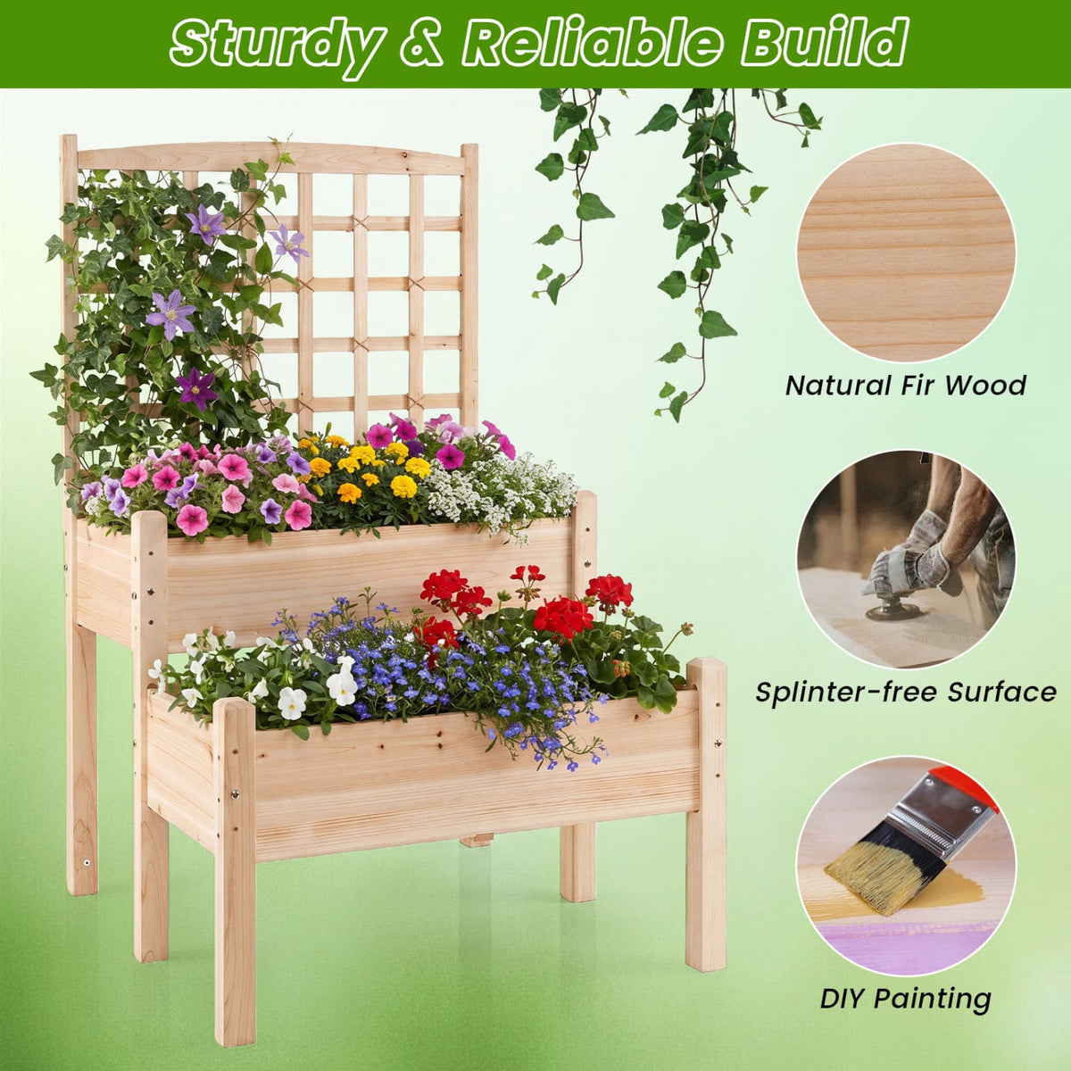 Raised Garden Bed with Trellis 2-Tier for Outdoor Climbing Plants-Natural view 7