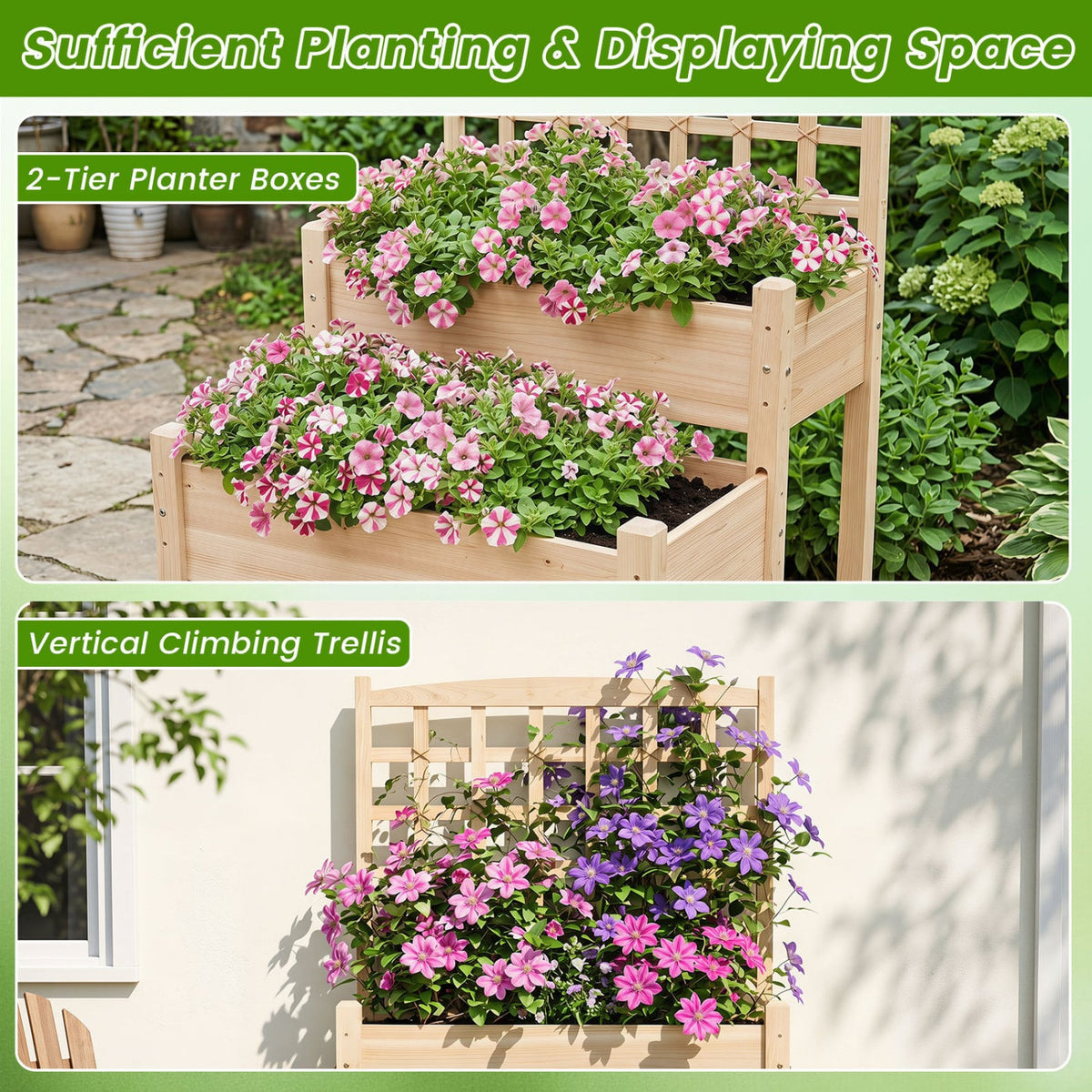 Raised Garden Bed with Trellis 2-Tier for Outdoor Climbing Plants-Natural view 9