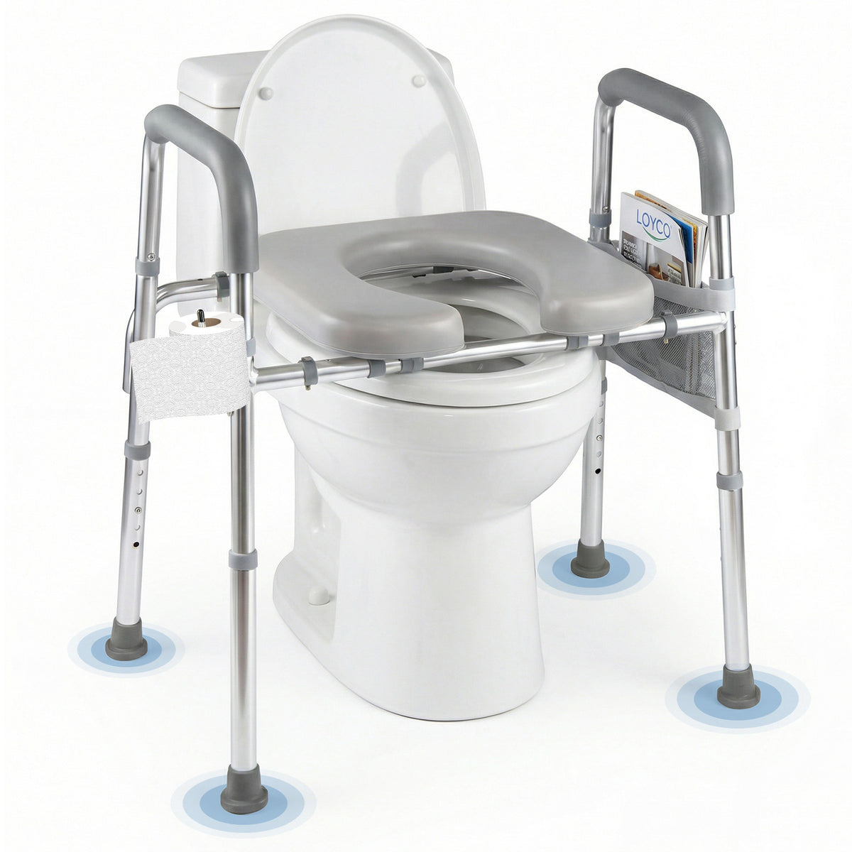 Raised Toilet Seat with Handles and Padded Arms for Seniors-Silver