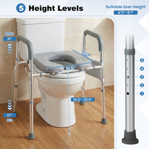 Raised Toilet Seat with Handles and Padded Arms for Seniors-Silver view 5