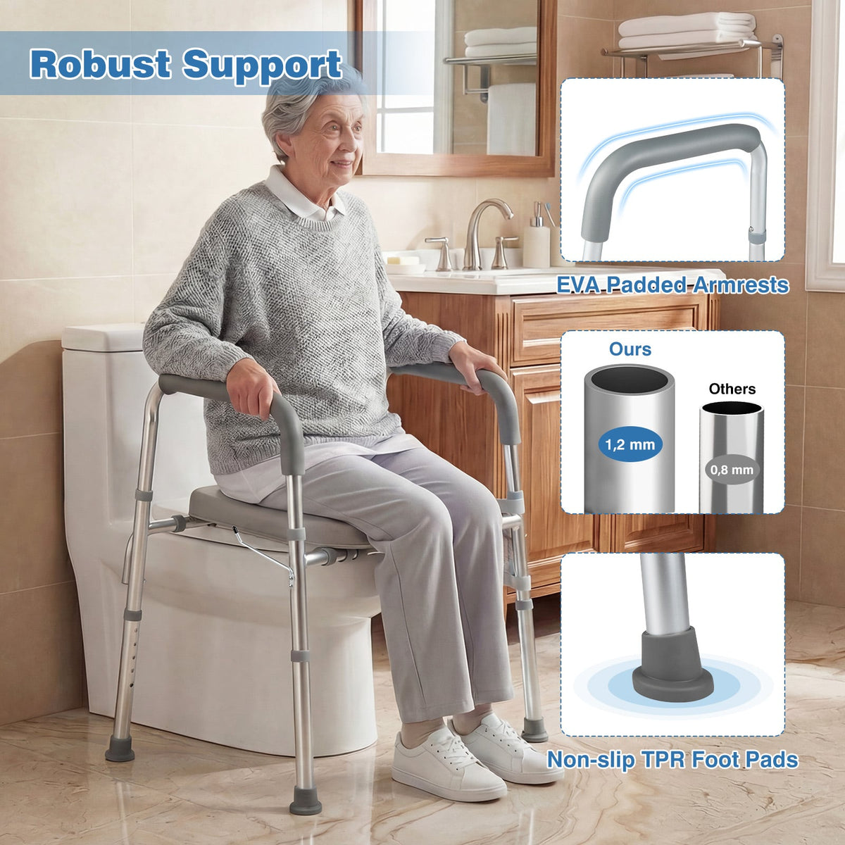Raised Toilet Seat with Handles and Padded Arms for Seniors-Silver view 9