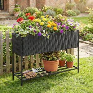 Raised Wicker Garden Bed with Storage Shelf and Removable Liner-Black view 2