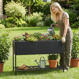 Raised Wicker Garden Bed with Storage Shelf and Removable Liner-Black view 3