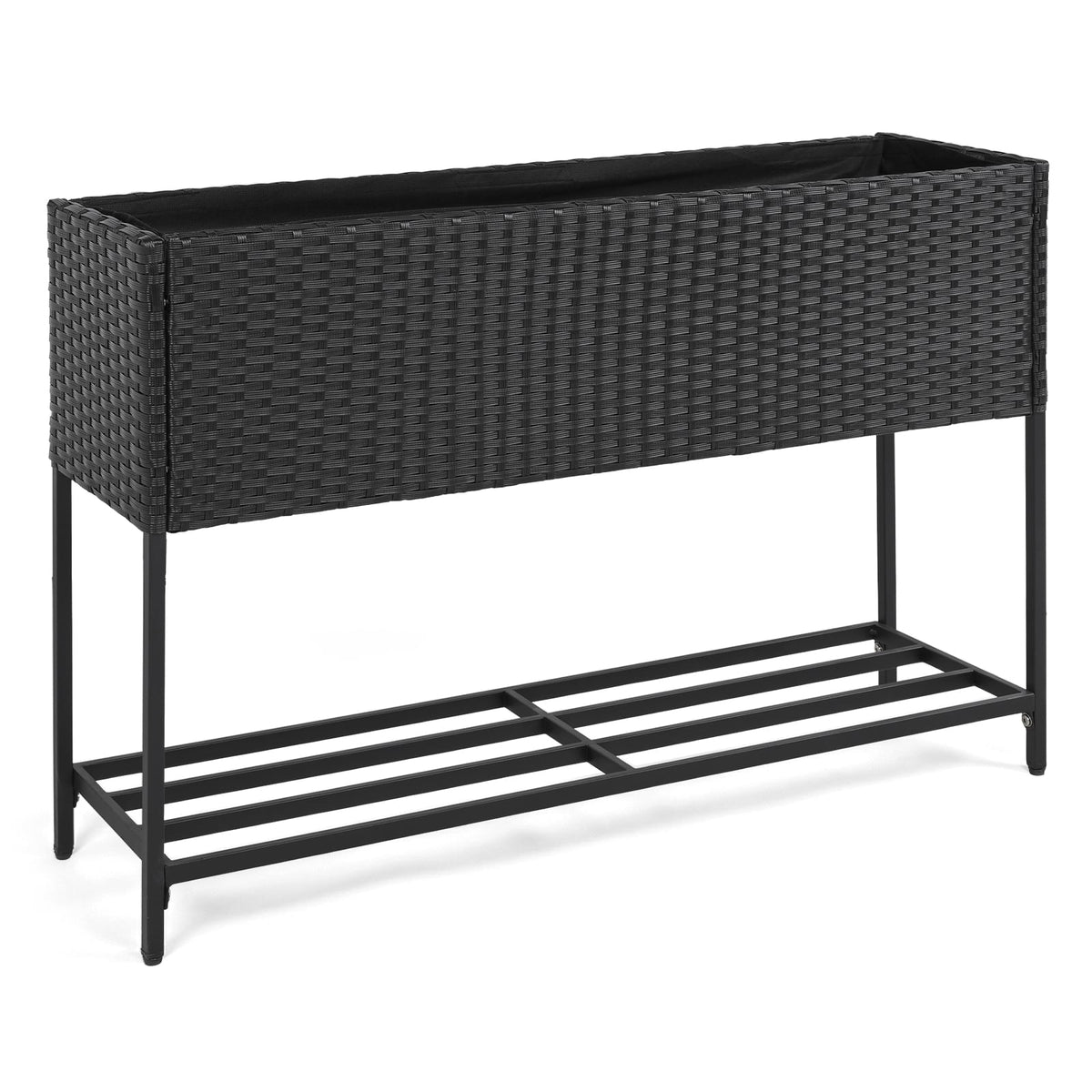 Raised Wicker Garden Bed with Storage Shelf and Removable Liner-Black