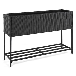 Raised Wicker Garden Bed with Storage Shelf and Removable Liner-Black