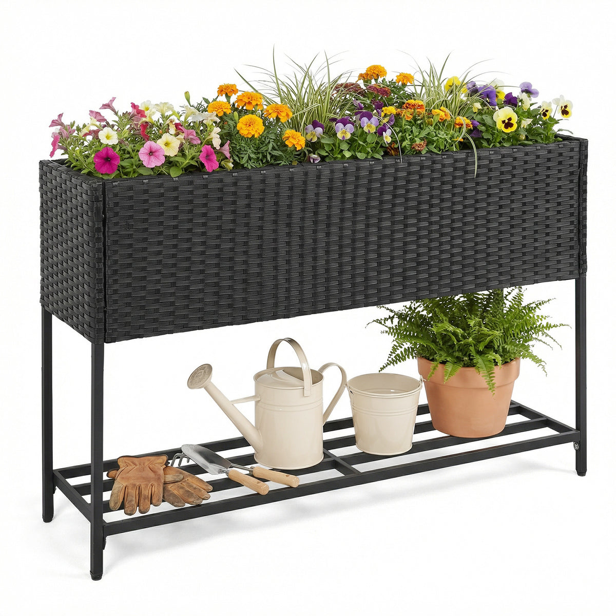 Raised Wicker Garden Bed with Storage Shelf and Removable Liner-Black view 4