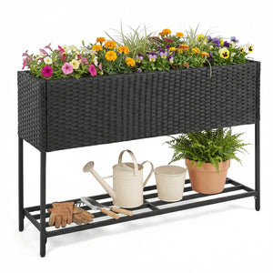 Raised Wicker Garden Bed with Storage Shelf and Removable Liner-Black view 4