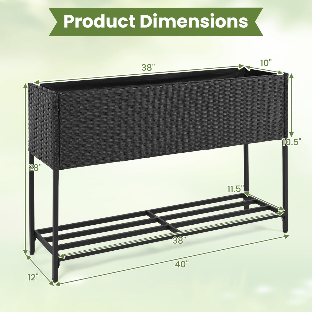 Raised Wicker Garden Bed with Storage Shelf and Removable Liner-Black view 5