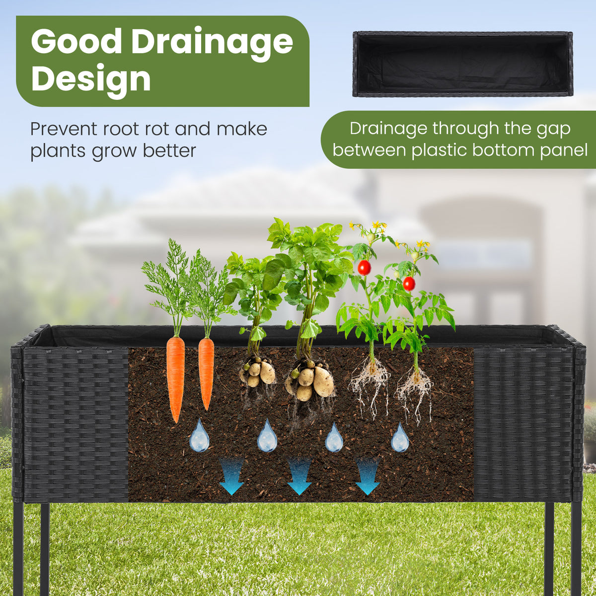 Raised Wicker Garden Bed with Storage Shelf and Removable Liner-Black view 6