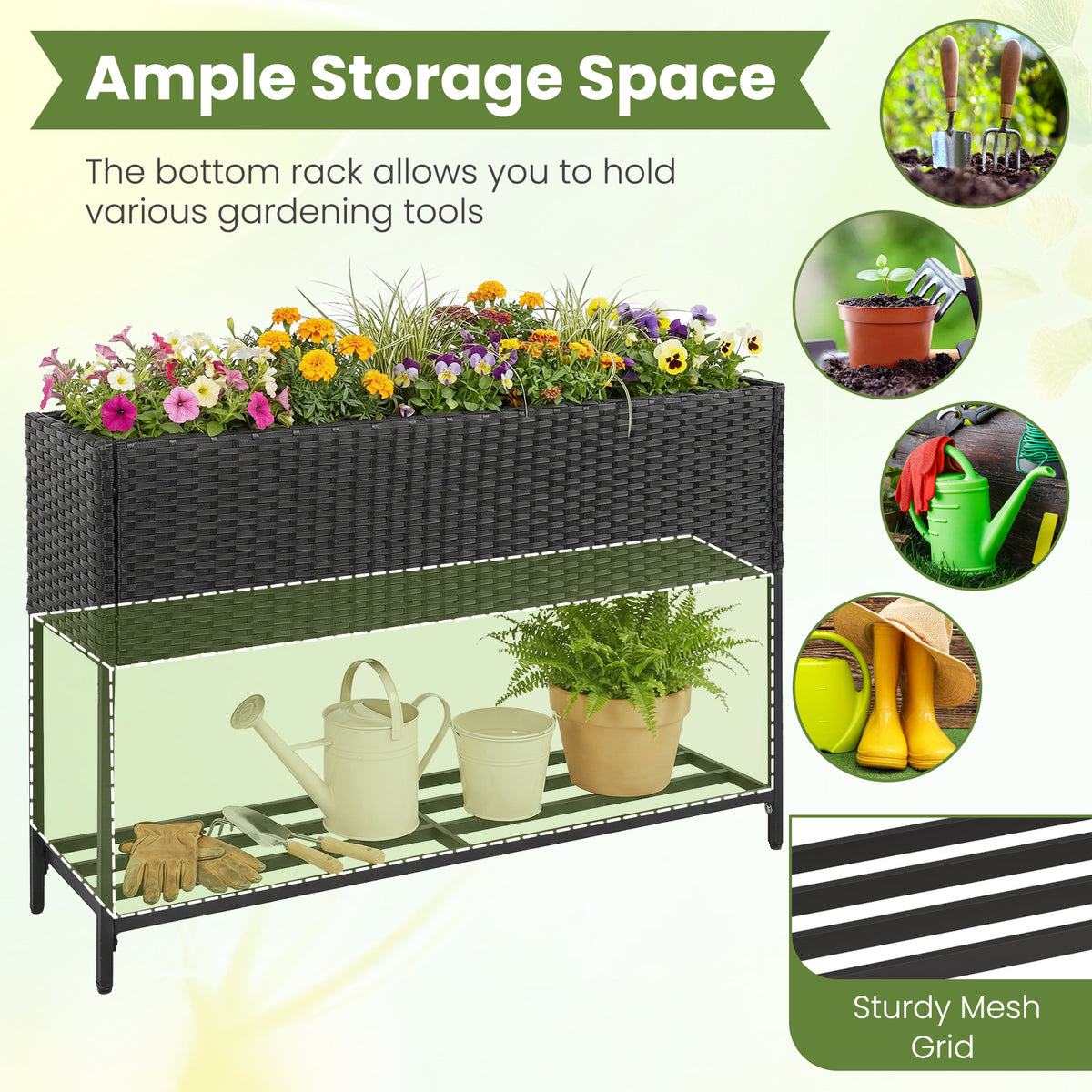 Raised Wicker Garden Bed with Storage Shelf and Removable Liner-Black view 7