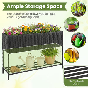 Raised Wicker Garden Bed with Storage Shelf and Removable Liner-Black view 7