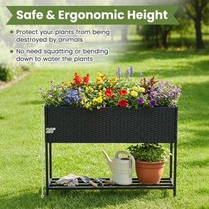 Raised Wicker Garden Bed with Storage Shelf and Removable Liner-Black view 9