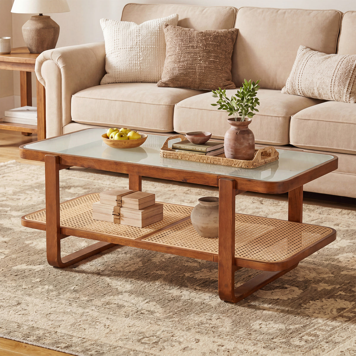 Rattan Coffee Table with Tempered Glass Top and Storage Shelf-Walnut view 2