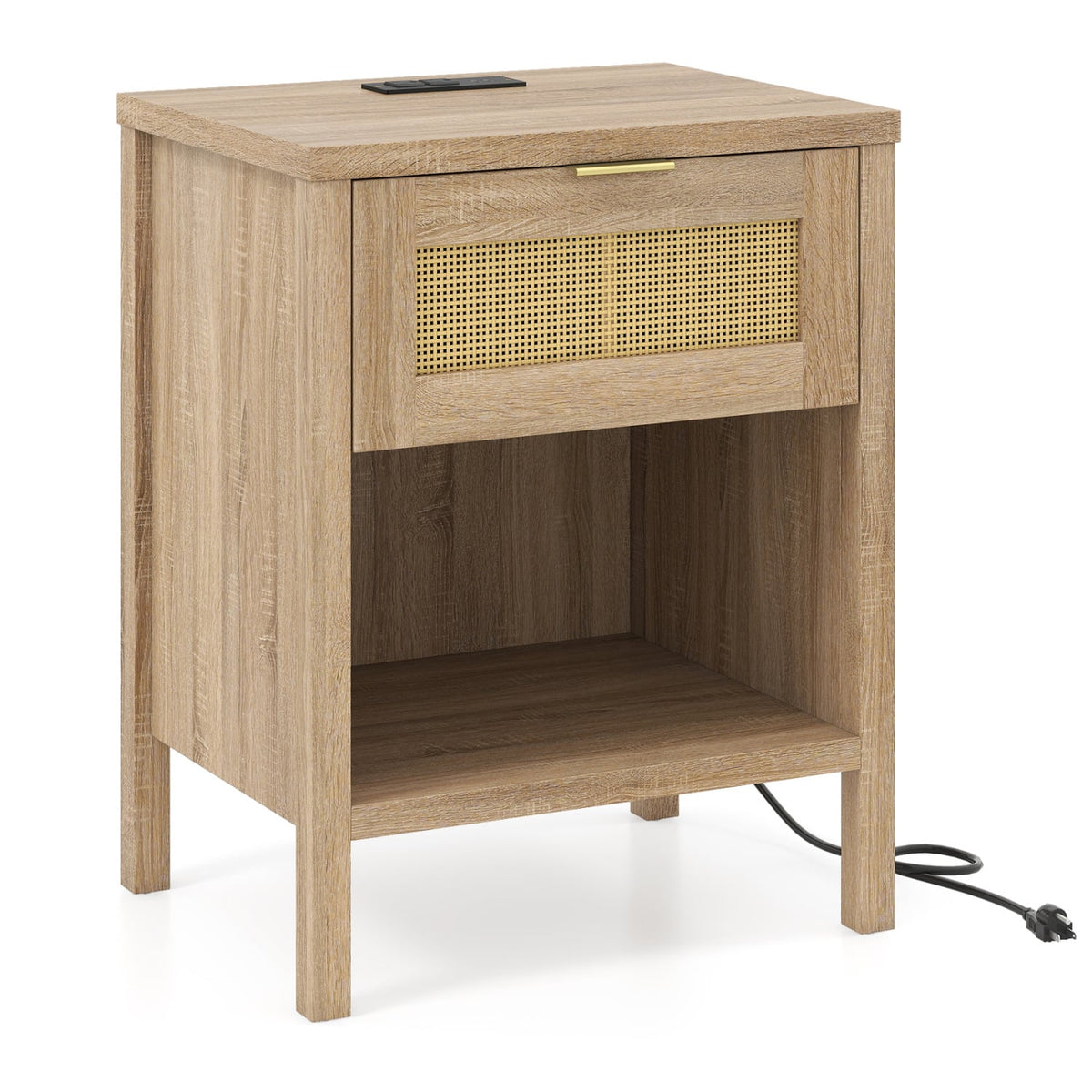 Rattan Nightstand with Charging Station and Storage Shelf for Bedroom-Oak