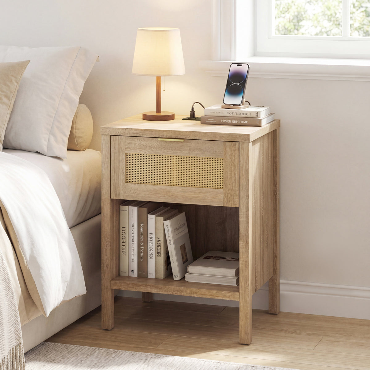 Rattan Nightstand with Charging Station and Storage Shelf for Bedroom-Oak view 2
