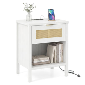 Rattan Nightstand with Charging Station and Storage Shelf for Bedroom-White view 4