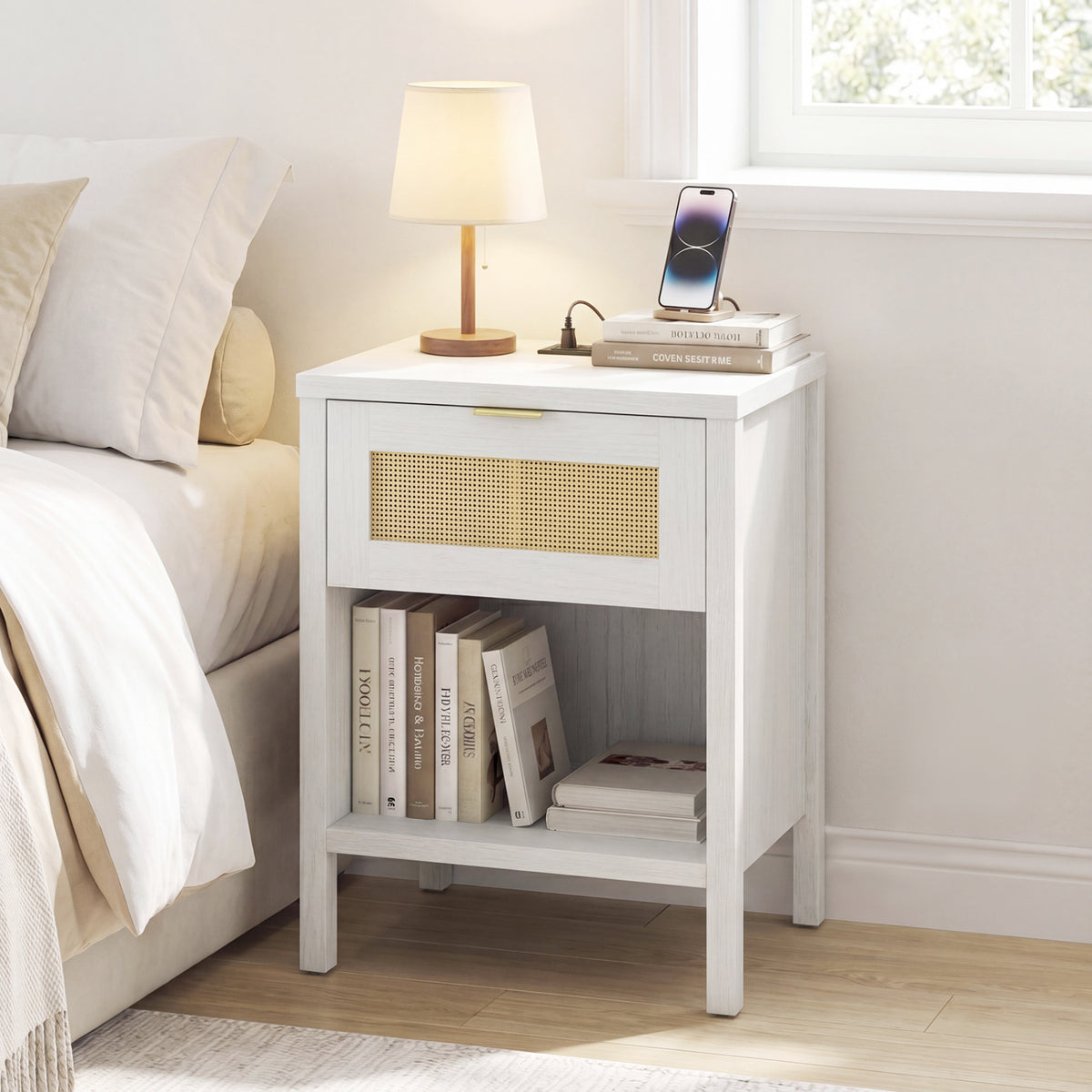 Rattan Nightstand with Charging Station and Storage Shelf for Bedroom-White view 2