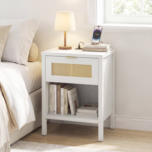 Rattan Nightstand with Charging Station and Storage Shelf for Bedroom-White view 2