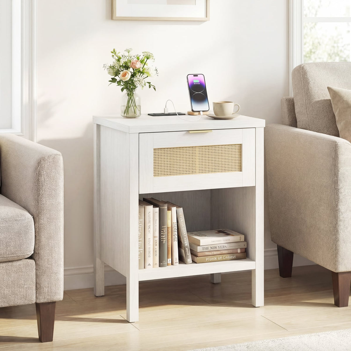 Rattan Nightstand with Charging Station and Storage Shelf for Bedroom-White view 3