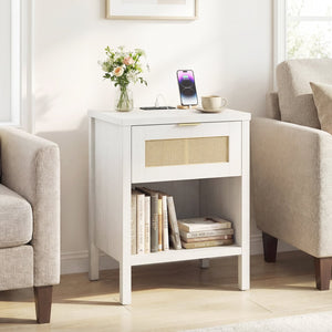 Rattan Nightstand with Charging Station and Storage Shelf for Bedroom-White view 3