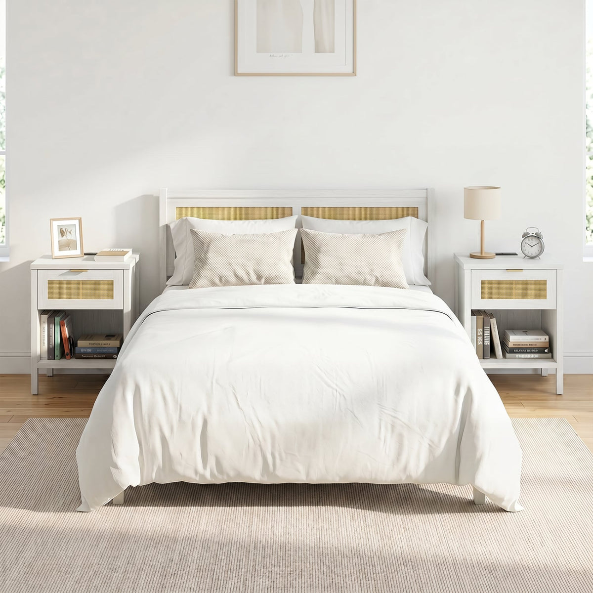 Rattan Nightstand with Charging Station and Storage Shelf for Bedroom-White view 6